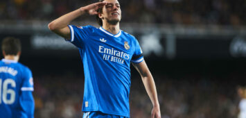 Alvaro Carreras Real Madrid CF celebrates after scoring his teams first goal during the LaLiga EA Sports match between Valencia CF and Real Madrid at Estadio de Mestalla on February 8, 2026 in Valencia, Spain. Photo by Maria Jose Segovia / DeFodi Images - *** Alvaro Carreras Real Madrid CF celebrates after scoring his teams first goal during the LaLiga EA Sports match between Valencia CF and Real Madrid at Estadio de Mestalla on February 8, 2026 in Valencia, Spain Photo by Maria Jose Segovia DeFodi Images